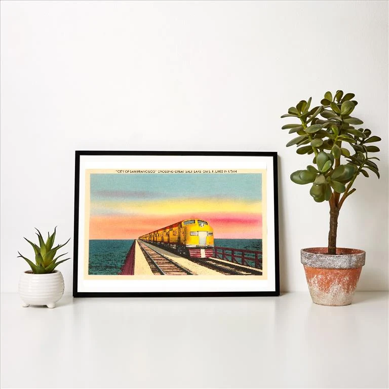 UT-45 Streamlined Train Crossing Great Salt Lake, Utah - Vintage Image Art Print, Individual Print