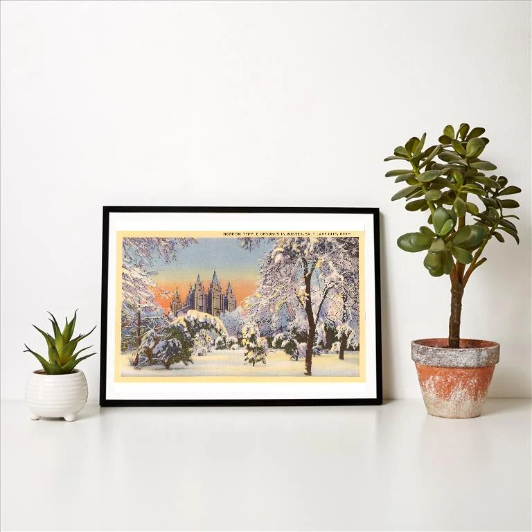 UT-16 Mormon Temple in Winter, Salt Lake City, Utah - Vintage Image Art Print, Individual Print