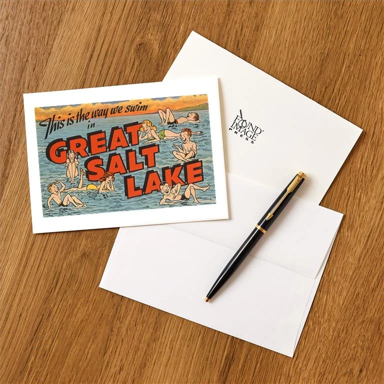 UT-75 Floating on Great Salt Lake, Utah, Cartoon - Vintage Image Greeting Card, Pack of 4