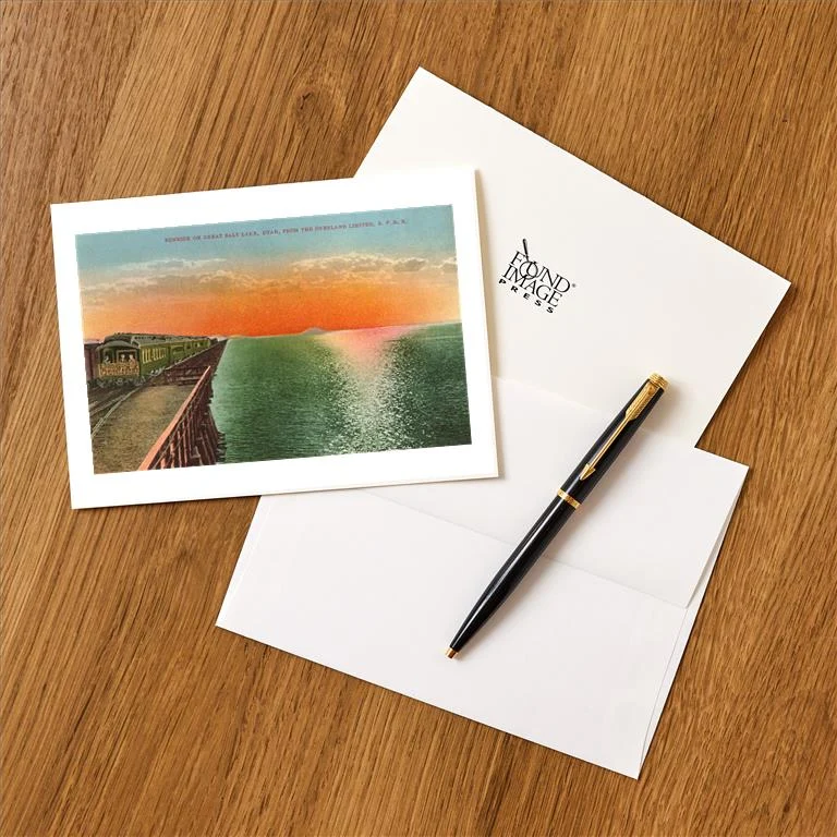 UT-09 Sunrise and Train on Great Salt Lake, Utah - Vintage Image Greeting Card, Pack of 4