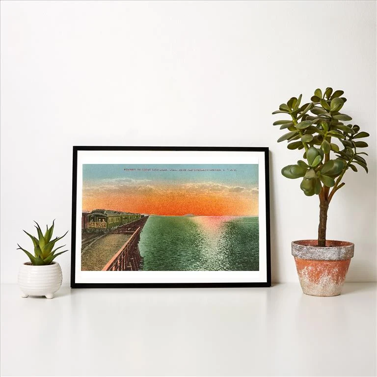 UT-09 Sunrise and Train on Great Salt Lake, Utah - Vintage Image Art Print, Individual Print