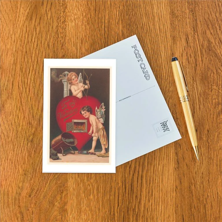 VL-496 To My Valentine, Cupids Stoking Fire in Heart - Vintage Image Postcard, Pack of 10