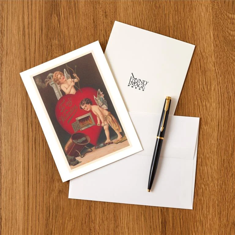 VL-496 To My Valentine, Cupids Stoking Fire in Heart - Vintage Image Greeting Card, Pack of 4