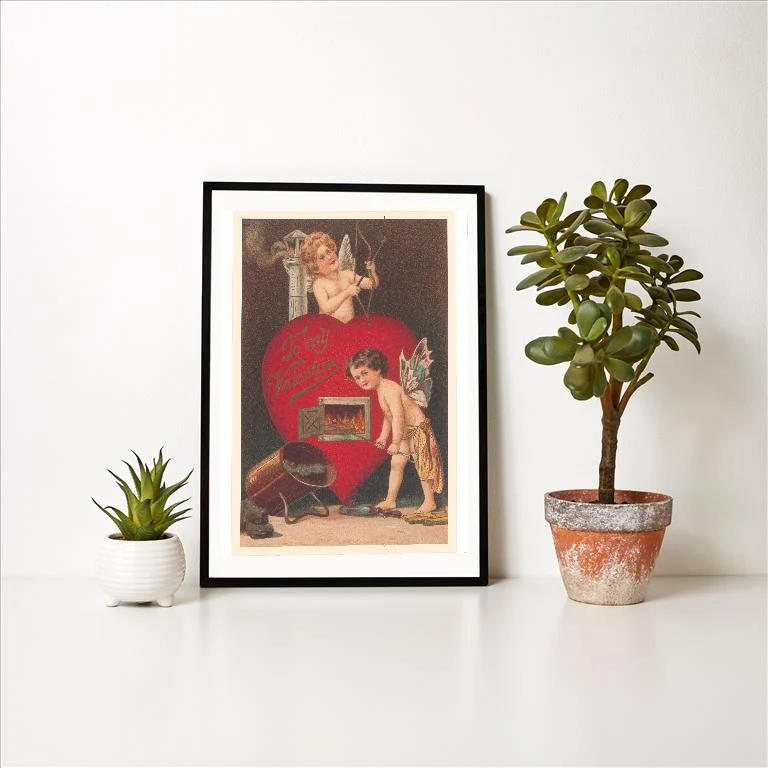 VL-496 To My Valentine, Cupids Stoking Fire in Heart - Vintage Image Art Print, Individual Print
