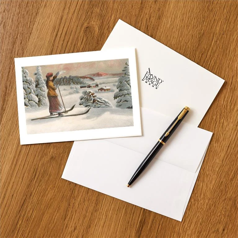 WS-28 Woman Skier Looking Down Slope - Vintage Image Greeting Card, Pack of 4