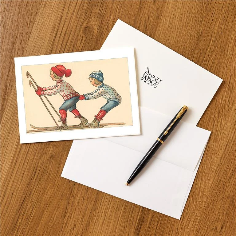 WS-116 Little Girls Skiing - Vintage Image Greeting Card, Pack of 4