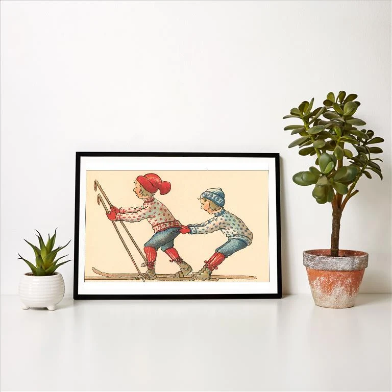 WS-116 Little Girls Skiing - Vintage Image Art Print, Individual Print