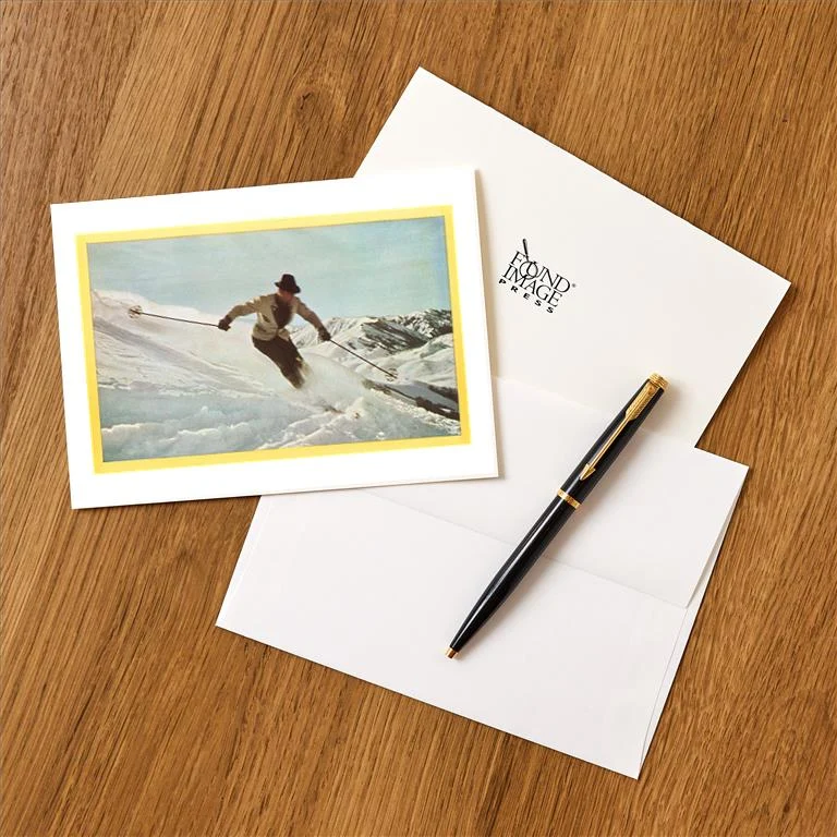 WS-127 Man in Hat Skiing - Vintage Image Greeting Card, Pack of 4