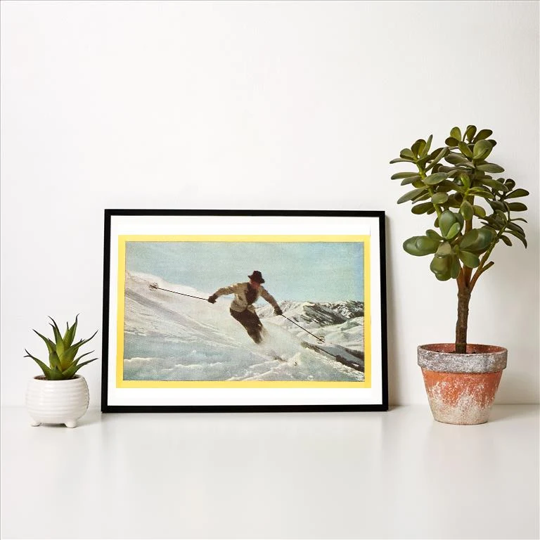 WS-127 Man in Hat Skiing - Vintage Image Art Print, Individual Print
