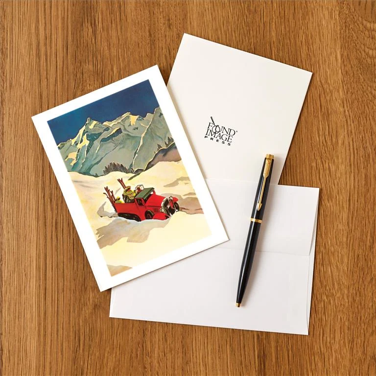 WS-52 Truck in Snow with Skiers - Vintage Image Greeting Card, Pack of 4