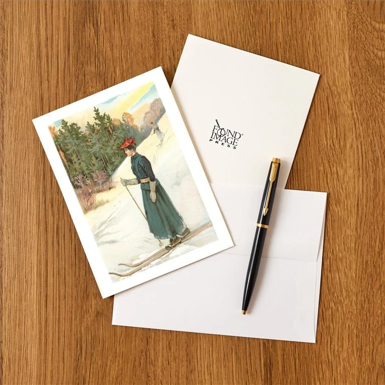 WS-205 Women Skiers in Dresses - Vintage Image Greeting Card, Pack of 4