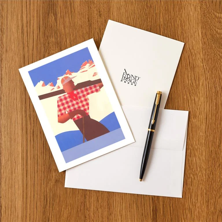 WS-121 Abstract Skier in Checked Shirt - Vintage Image Greeting Card, Pack of 4