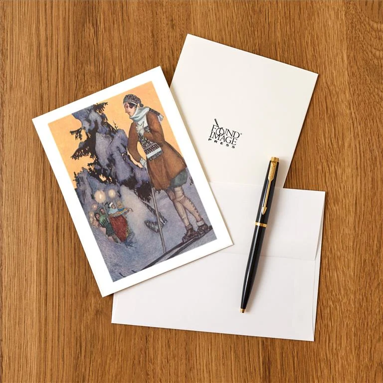 WS-112 Fashionable Woman on Skis Awaiting Procession - Vintage Image Greeting Card, Pack of 4