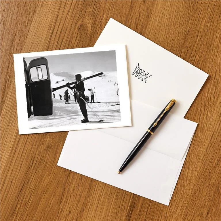 WS-199 Skier Next to Bus - Vintage Image Greeting Card, Pack of 4