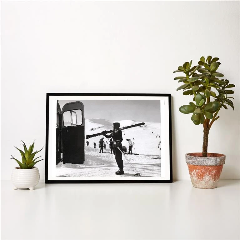 WS-199 Skier Next to Bus - Vintage Image Art Print, Individual Print