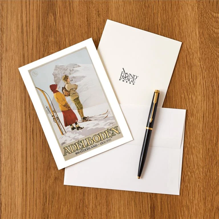 WS-134 Old Time Skiers, Adelboden, Switzerland - Vintage Image Greeting Card, Pack of 4