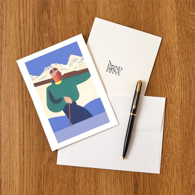 WS-120 Stylized Skier in Mountains - Vintage Image Greeting Card, Pack of 4