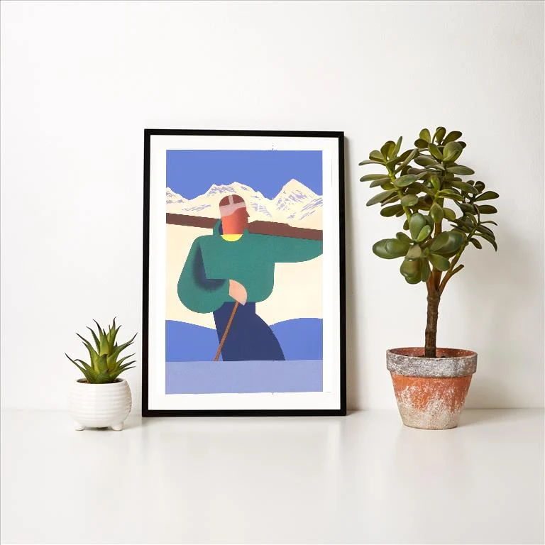 WS-120 Stylized Skier in Mountains - Vintage Image Art Print, Individual Print