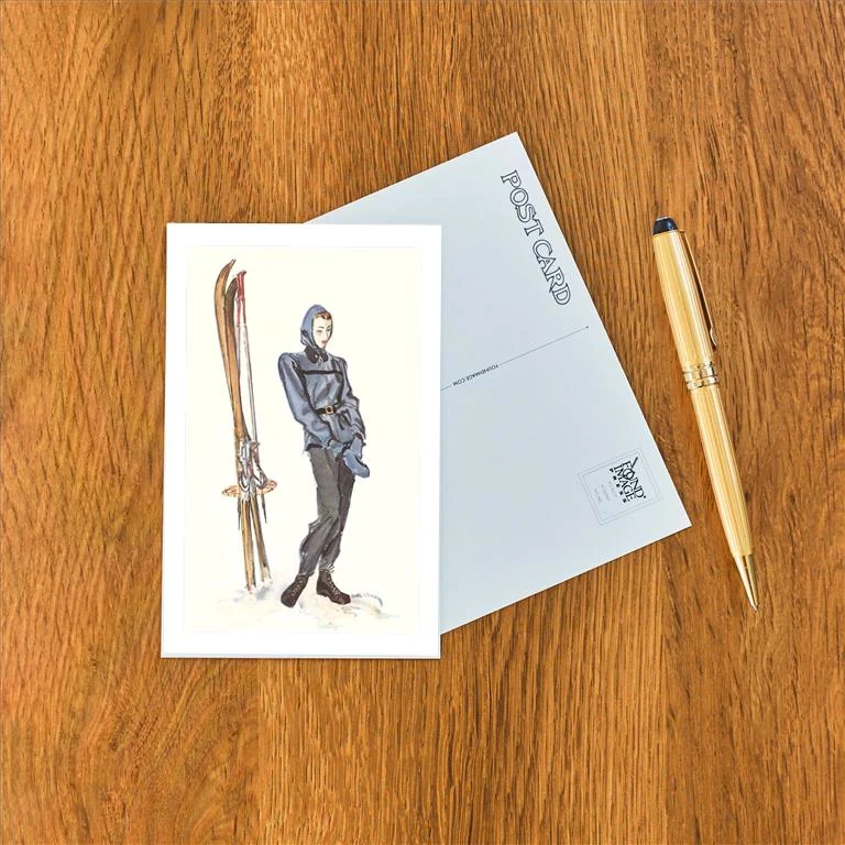 WS-60 Drawing of Woman with Skis - Vintage Image Postcard, Pack of 10