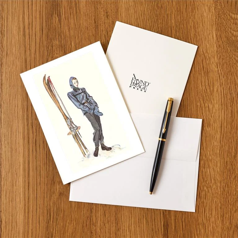 WS-60 Drawing of Woman with Skis - Vintage Image Greeting Card, Pack of 4