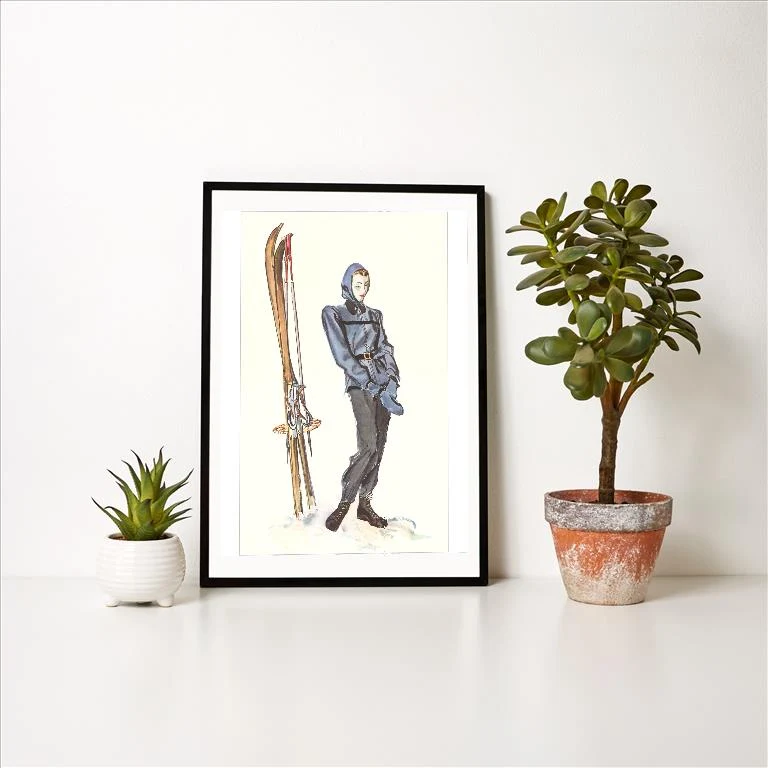 WS-60 Drawing of Woman with Skis - Vintage Image Art Print, Individual Print