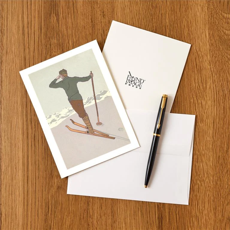WS-115 Skier Looking out over Mountains - Vintage Image Greeting Card, Pack of 4