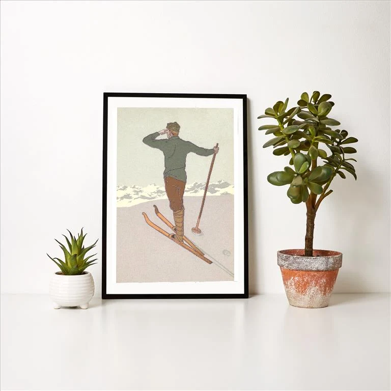 WS-115 Skier Looking out over Mountains - Vintage Image Art Print, Individual Print