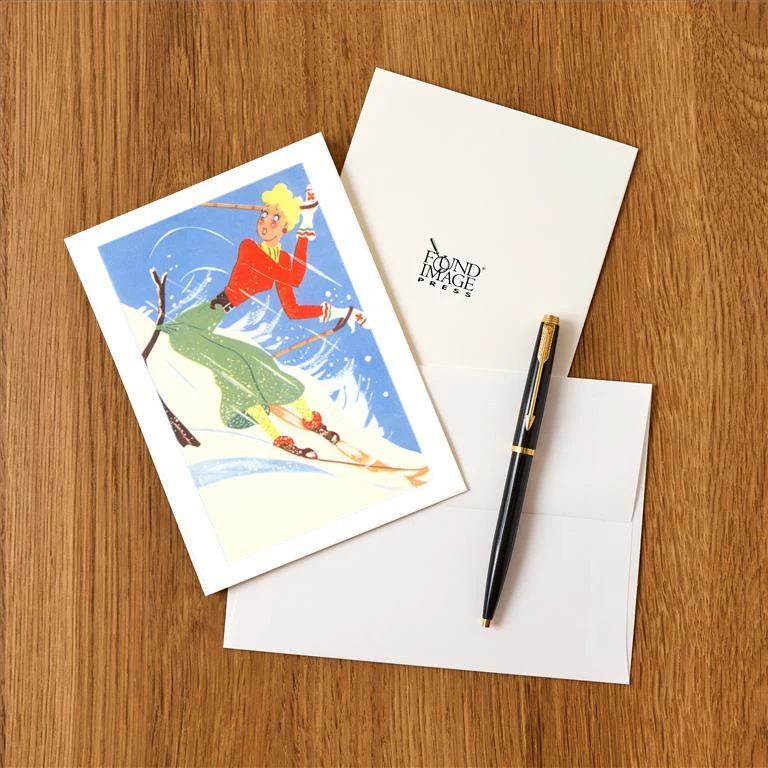 WS-100 Woman Skier Caught by Branch - Vintage Image Greeting Card, Pack of 4
