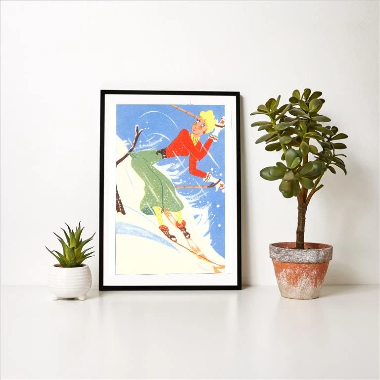 WS-100 Woman Skier Caught by Branch - Vintage Image Art Print, Individual Print