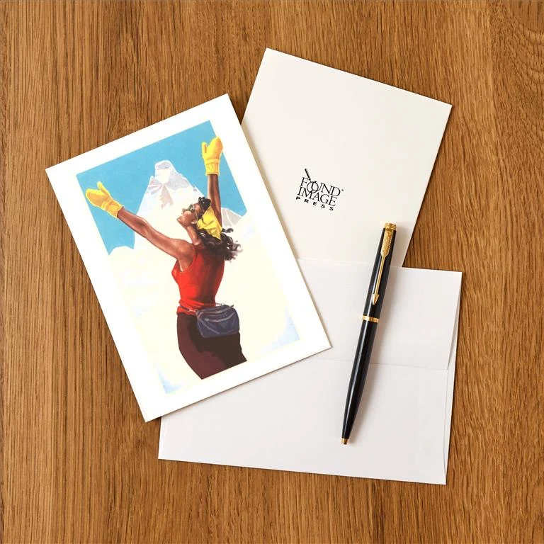 WS-156 Jubilant Woman in Snow - Vintage Image Greeting Card, Pack of 4