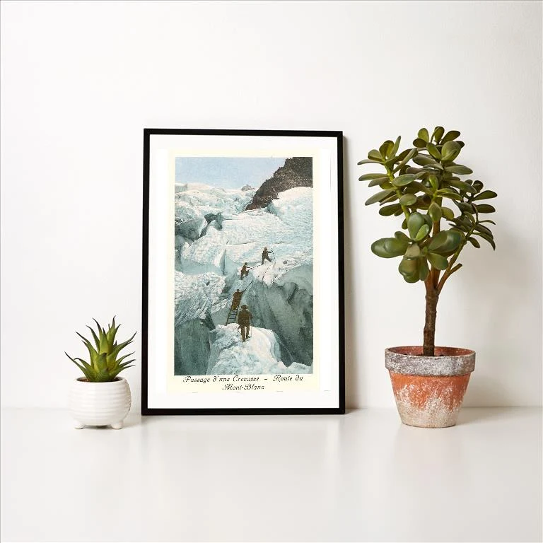 WS-161 Crossing a Crevasse, Mont-Blanc Route - Vintage Image Art Print, Individual Print