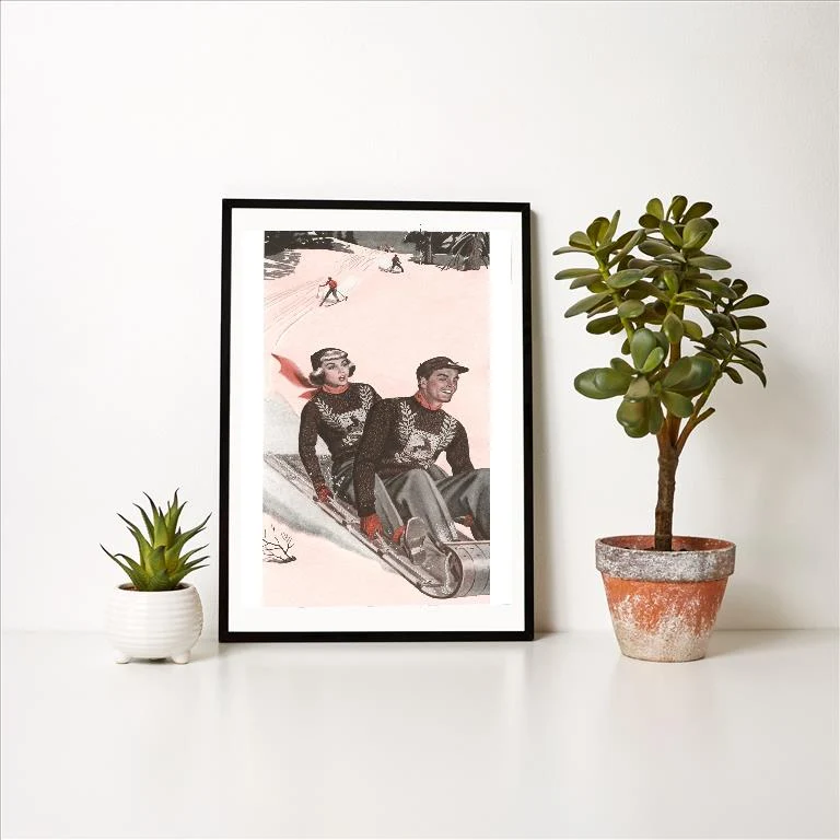 WS-65 Anxious Looking Woman on Back of Toboggan - Vintage Image Art Print, Individual Print