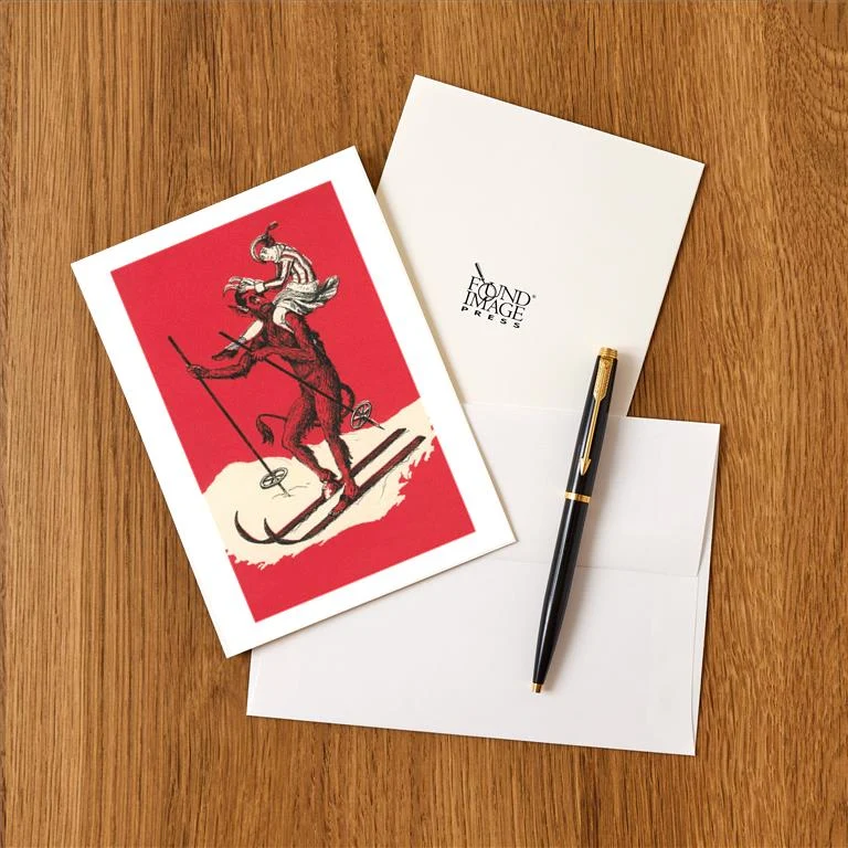 WS-143 Woman Riding Skiing Devil - Vintage Image Greeting Card, Pack of 4