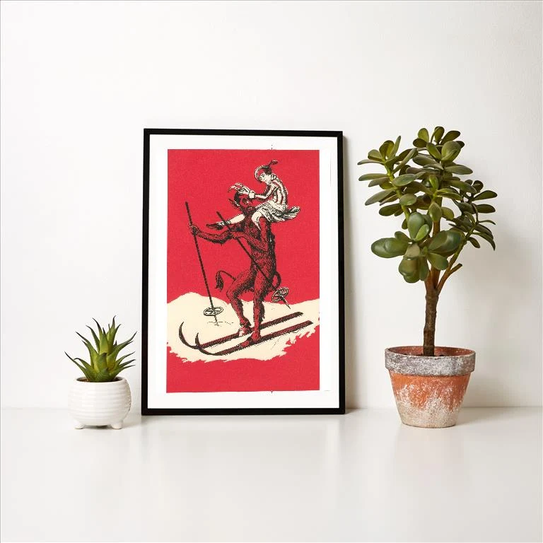 WS-143 Woman Riding Skiing Devil - Vintage Image Art Print, Individual Print