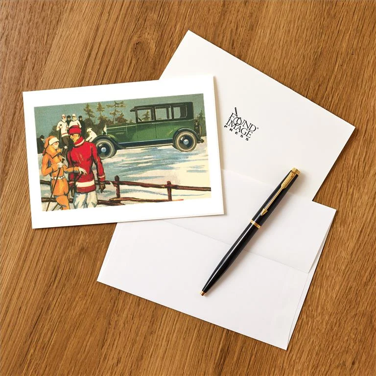 WS-107 Vintage Touring Car with Skiers - Vintage Image Greeting Card, Pack of 4