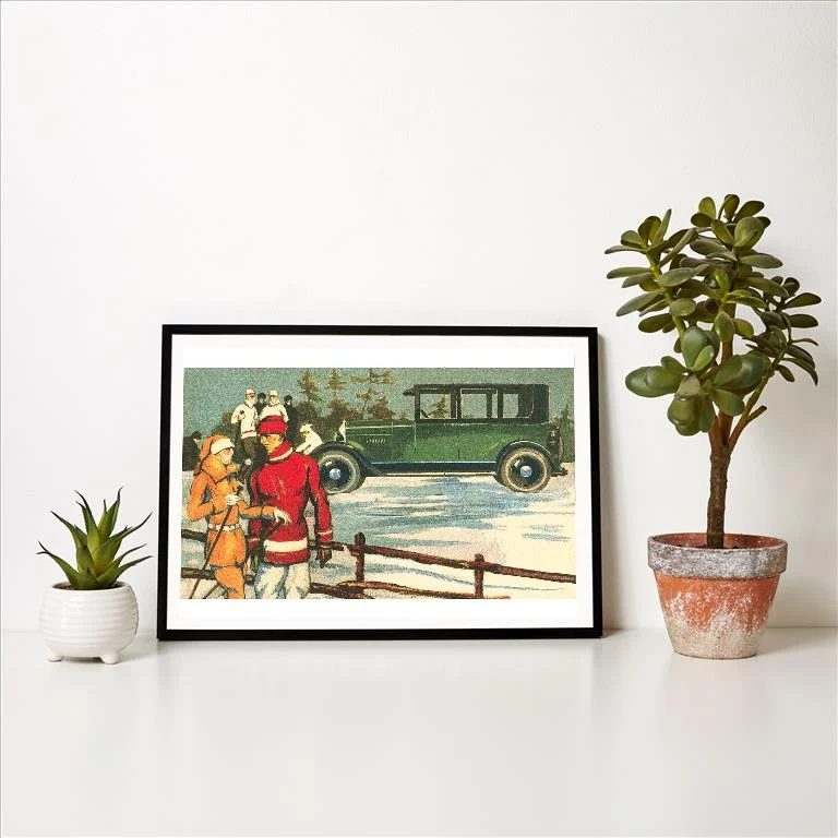WS-107 Vintage Touring Car with Skiers - Vintage Image Art Print, Individual Print