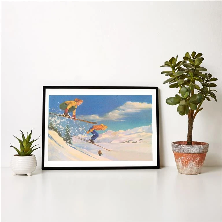 WS-69 Two Women on Skis Leaping Over the Snow - Vintage Image Art Print, Individual Print
