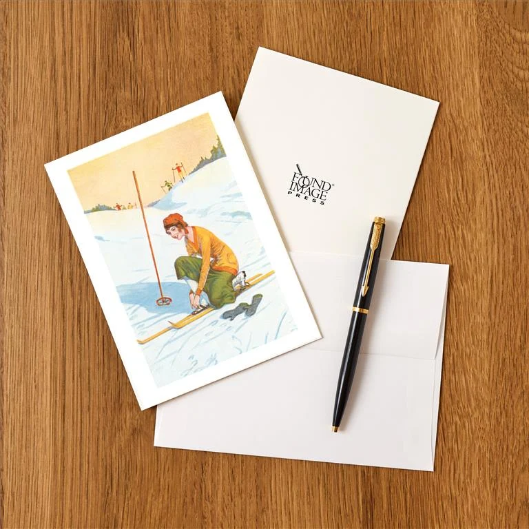 WS-27 Woman Skier Adjusting Skis - Vintage Image Greeting Card, Pack of 4
