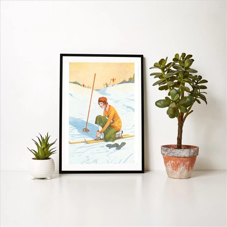 WS-27 Woman Skier Adjusting Skis - Vintage Image Art Print, Individual Print