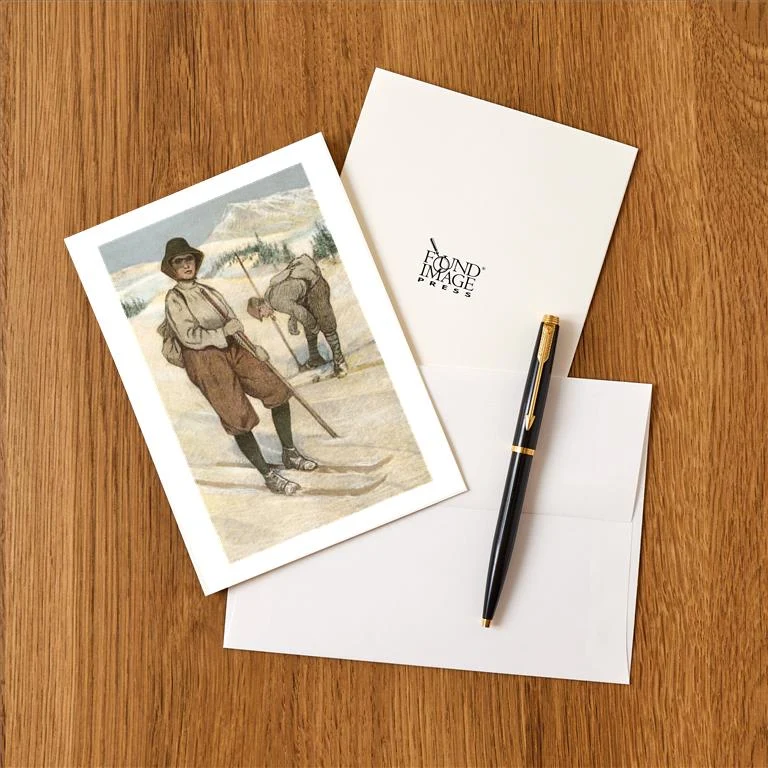 WS-89 Old Fashioned Skiers with Single Poles - Vintage Image Greeting Card, Pack of 4