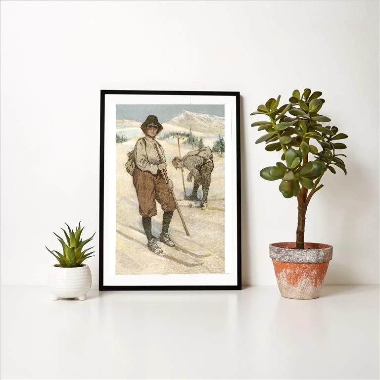 WS-89 Old Fashioned Skiers with Single Poles - Vintage Image Art Print, Individual Print