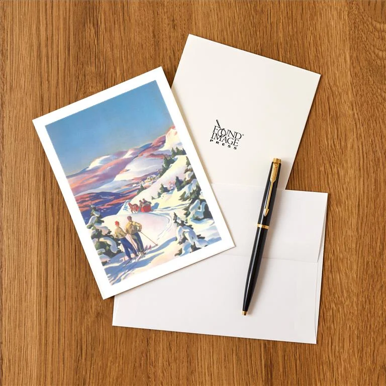 WS-123 Skiers Watching Horse-Drawn Sleigh - Vintage Image Greeting Card, Pack of 4