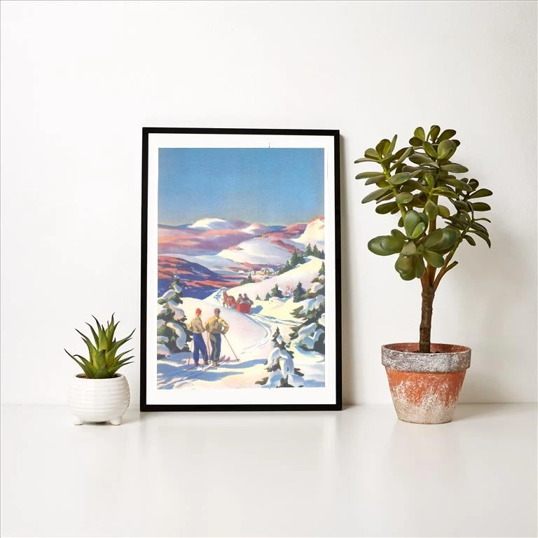 WS-123 Skiers Watching Horse-Drawn Sleigh - Vintage Image Art Print, Individual Print