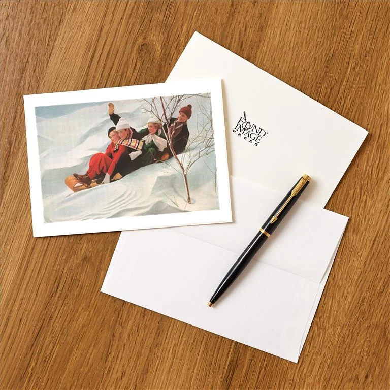WS-150 Four People on a Toboggan - Vintage Image Greeting Card, Pack of 4