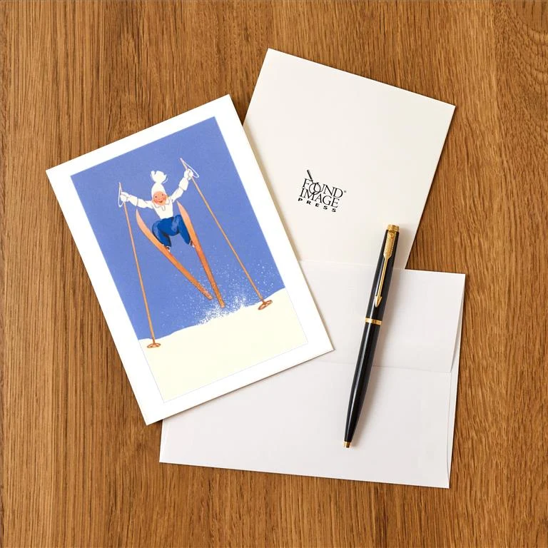 WS-81 Young Child Skiing with Long Poles - Vintage Image Greeting Card, Pack of 4