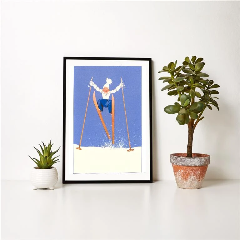 WS-81 Young Child Skiing with Long Poles - Vintage Image Art Print, Individual Print