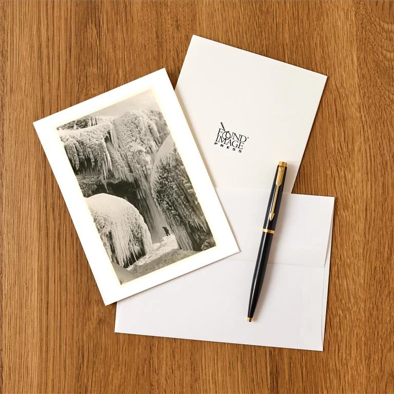 WS-154 Hiker in Frozen Waterfall - Vintage Image Greeting Card, Pack of 4