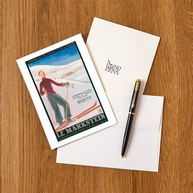 WS-141 French Ski Poster with Woman Skier - Vintage Image Greeting Card, Pack of 4