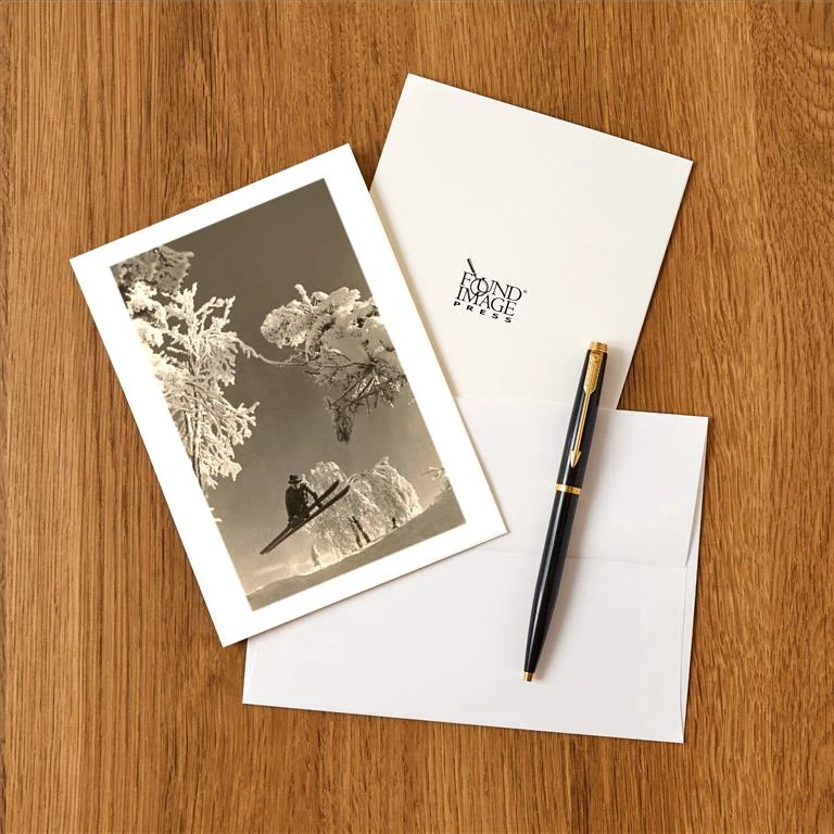 WS-87 Airborne Skier Amid Frost-Laden Trees - Vintage Image Greeting Card, Pack of 4