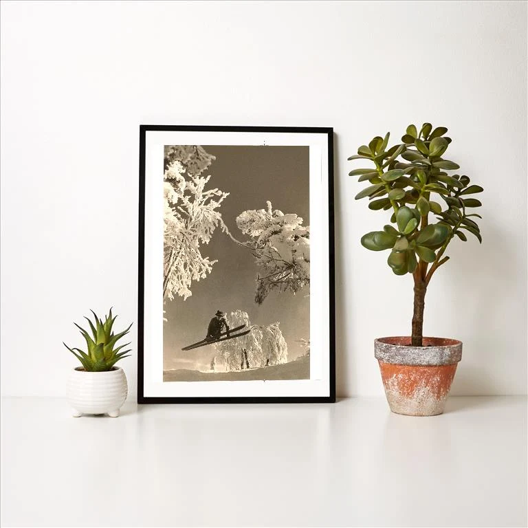 WS-87 Airborne Skier Amid Frost-Laden Trees - Vintage Image Art Print, Individual Print